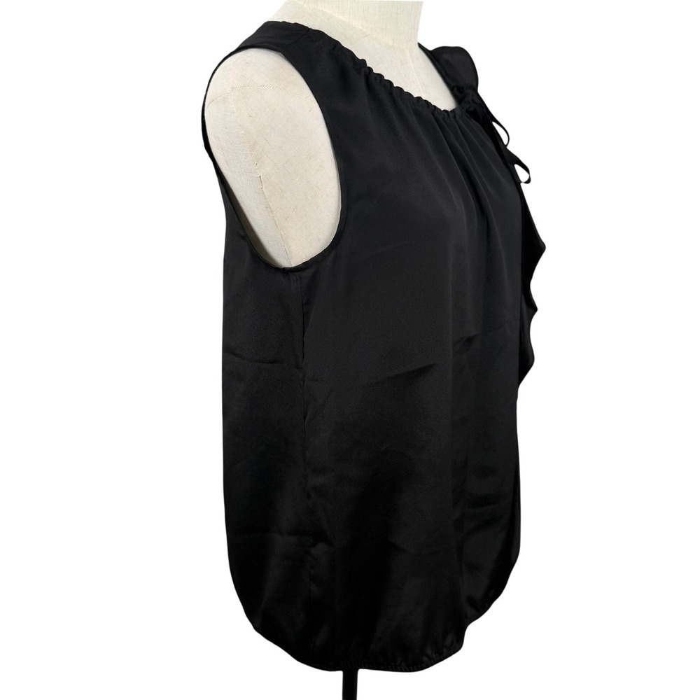 Ann Taylor LOFT Womens Medium Blouse Black Ruffle Tie Neck Sleeveless Bubble Hem - Picture 4 of 9
